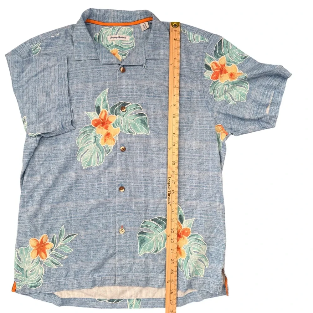 Tommy Bahama IslandZone Silk Shirt Mens L Blue Floral Monstera Leaf Button Up - Picture 3 of 9